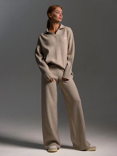 0059 Women's Sweater Yoga Outfit Suit Two-Piece Autumn Winter Polo Neck Knitted Pullover with Wide-Leg Pants Jogger Gym Tracksuit