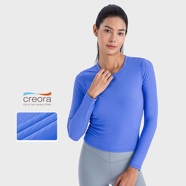 018- Women Yoga Long Sleeve T Shirt with Side Waist Elastic Folds, Ribbed Sports Top for Stretchy Slim Fit and Comfortable Movement