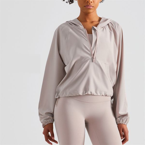 2025 Summer New Yoga Outfit - Hooded Sunscreen Loose Zippered Fitness Top with Adjustable Cap and Rope for Women's Jogging Wear