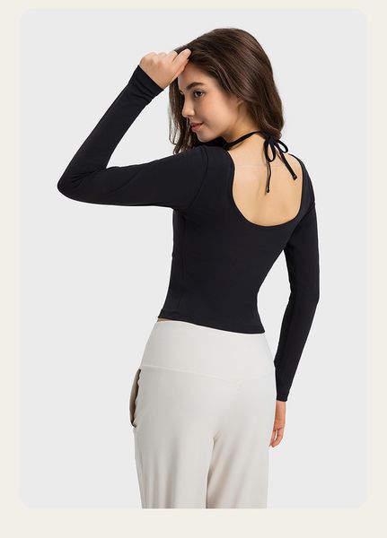 2025 Women's Ribbed Yoga Top with Butterfly Strap Neckline and Long Sleeves for Fitness Wear
