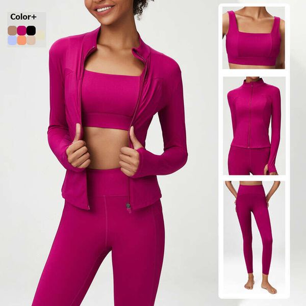 2/3 Piece Fiess Yoga Set for Women - Solid Color Stretch Athletic Suit with Sexy Bra, Zipper Jacket & High-Waist Leggings - Female Sportswear