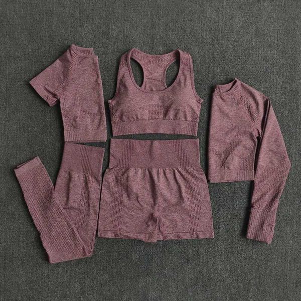 2/3/5PCS Women's Seamless Yoga Set for Gym Workouts – Long Sleeve Crop Top & High-Waist Leggings Sports Outfit XJ250109