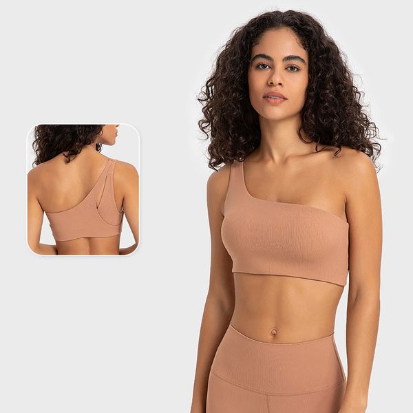 369-SPR Ribbed Bra Yoga Tops with Asymmetrical Single Strap, Sexy Ribbed Brassiere featuring Removable Cups, Sporty Fashion Lingerie