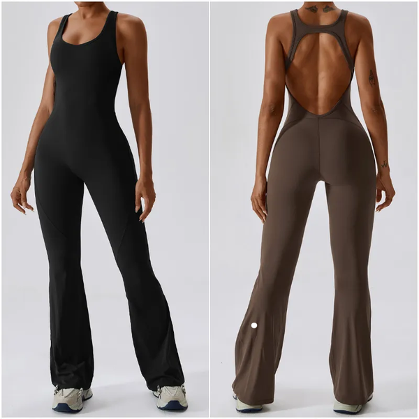 8117 Women's Jumpsuits - Sleeveless Fitted Yoga Outfit with Long Flared Pants for Dance, Quick-Dry and Breathable