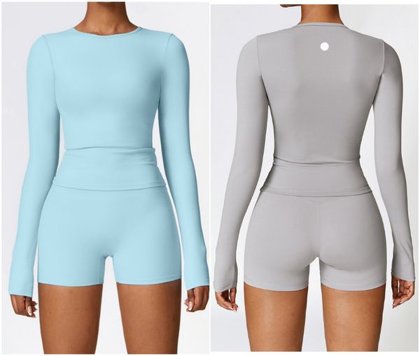 8519 Women's Yoga Set: Two-Piece Shorts and Shirt for Exercise, Gym, Running, and Casual Wear with Long Sleeve Elastic Top