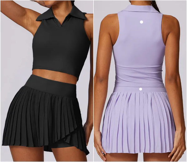 8600 Women's Yoga Outfit Set with Skirt, Vest, and Breathable Turn-Down Collar for Sports and Running