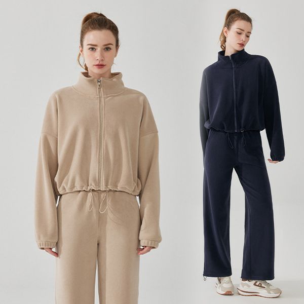 A designer cropped jacket with plush fleece lining, mock neck, full zipper, and loose fit for women, offering warmth in a stylish jogger sweatshirt design