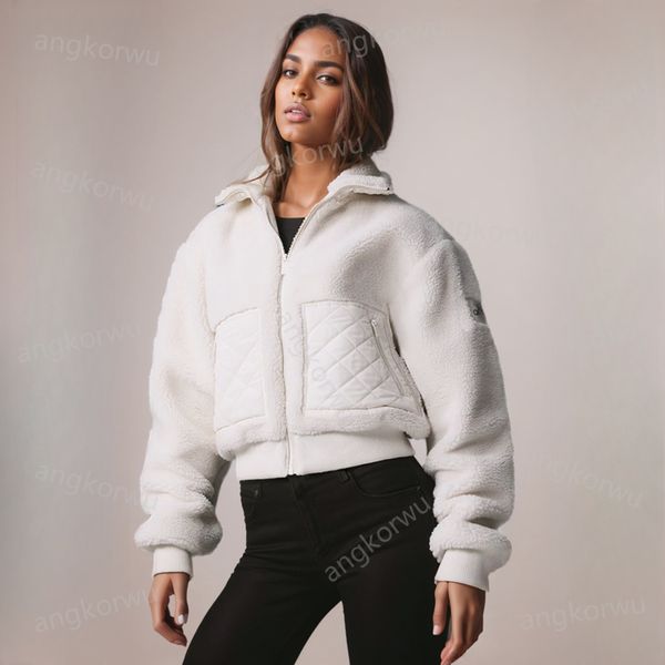 A stylish designer yoga coat bomber jacket with lamb plush lining, stand-up collar, and zip cardigan design for winter warmth and casual wear