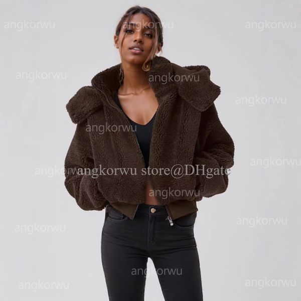 A stylish designer yoga hooded coat featuring a foxy jacket design, plush lamb fabric for warmth, tall collar, long sleeves, zip-up cardigan style, removable hood, and loose fit