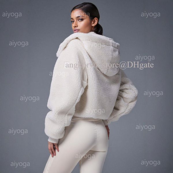 A stylish designer yoga hoodie with fox print, plush lamb lining, tall collar, long sleeves, zip-up cardigan style, detachable hood and relaxed fit