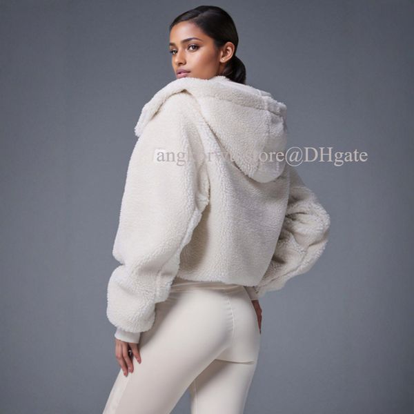 A stylish yoga hooded coat featuring a foxy sherpa jacket with lamb plush lining, tall collar, long sleeves, zip-front cardigan design, and removable hood for warmth and comfort