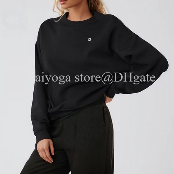 A stylish yoga top featuring a laid-back sweatshirt design with a crew neck, 3D silver logo, and relaxed fit, perfect for both studio and street wear, available in unisex sizes