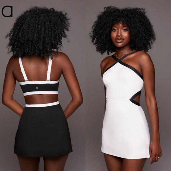 A148 Women's Contrast Color Anti-Slip Yoga Dress - Breathable Sleeveless Tennis Sports Skirt