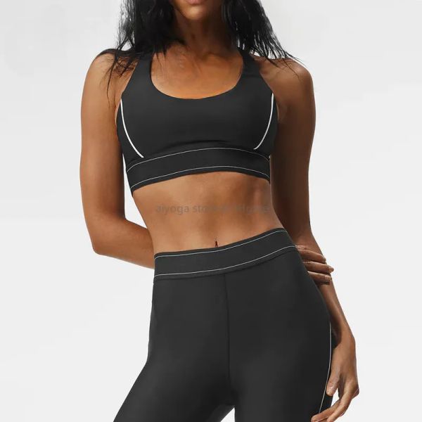A346 Yoga Set featuring a sports bra top with adjustable straps for medium support, paired with high-rise boxer-style leggings or sweatpants, ideal for jogging, dance, or Pilates