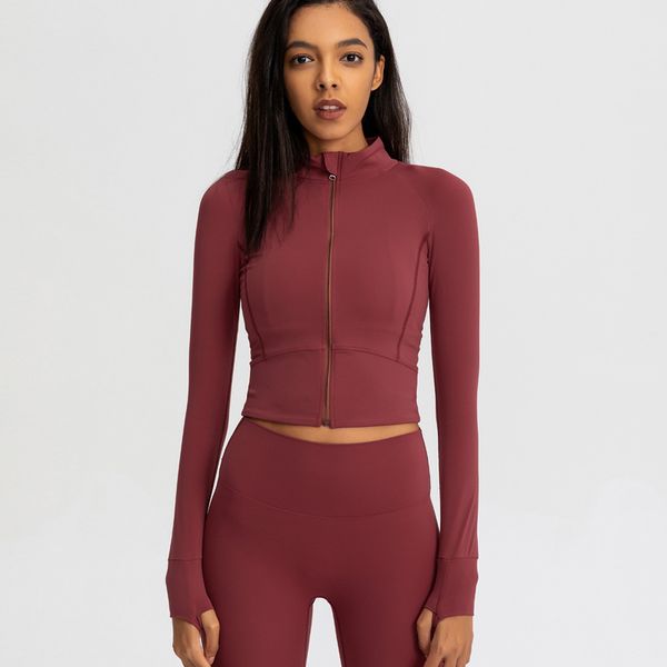 A36 Women's Casual Yoga Outfit with Quick-Dry Long-Sleeve Top, Fitness Jacket, and Short Zipper Stand Collar Jacket