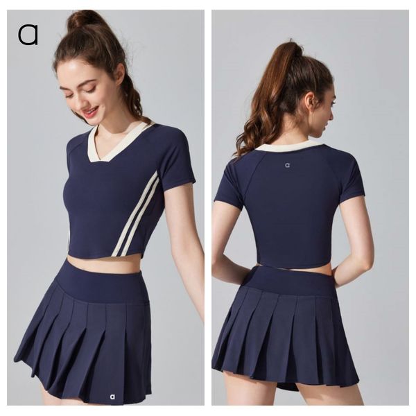 A439 Summer V-neck Yoga Clothes Sports Fitness Short Sleeve Badminton Tennis Shirt Short Skirt Sports Suit
