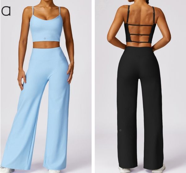 A58 yoga vest with threaded back, quick-dry running jacket, high-waisted casual pants for women, featuring joker-style straight wide-leg yoga outfit