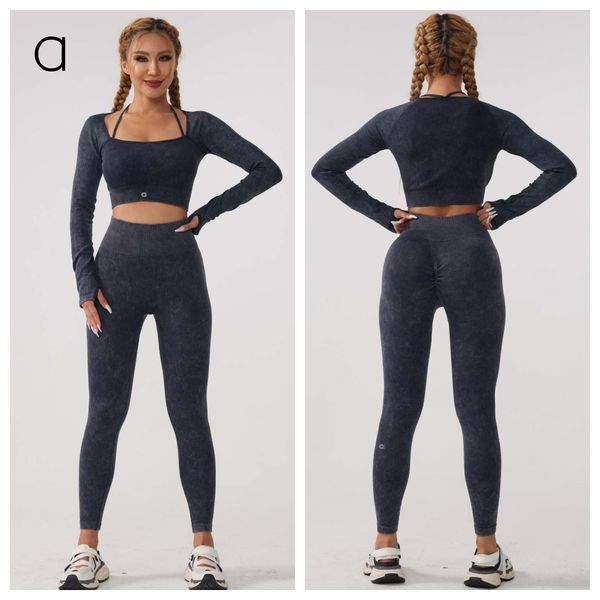 A654 New Women's Breathable Threaded Sports Shirt and Yoga Pants Set for Outdoor Fitness Activities