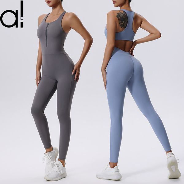 Al Yoga Jumpsuits Womens Bodysuit Dance Tight Breathable Aerial Exercise Integrated Hip-lift Quick-dry Fitness Suit Sleeveless Half Zip Tank