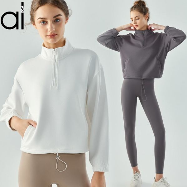 AL Yoga Sweatshirts Mock Neck 1/4 Zip Cropped Jacket Women Laidback Streetwear Air Layer Sports Coat Drawstring Hem Jogger Jackets Fitness L

Rewritten:
Women's cropped 1/4 zip mock neck yoga sweatshirt jacket with drawstring hem, a laidback streetwear and fitness air layer sports coat