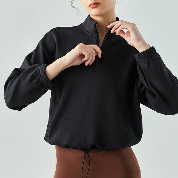 ALLULU LE MONS Women's Cropped 1/2 Zip Yoga Sweatshirt - Streetwear Air Layer Sports Coat with Drawstring Hem