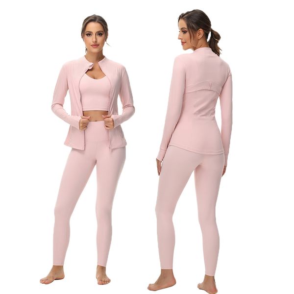 Athletic three-piece workout set featuring a breathable zip-up top and elastic high-waist leggings
