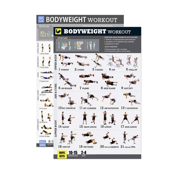 Bodyweight exercises for home fitness, featuring laminated posters for men and women