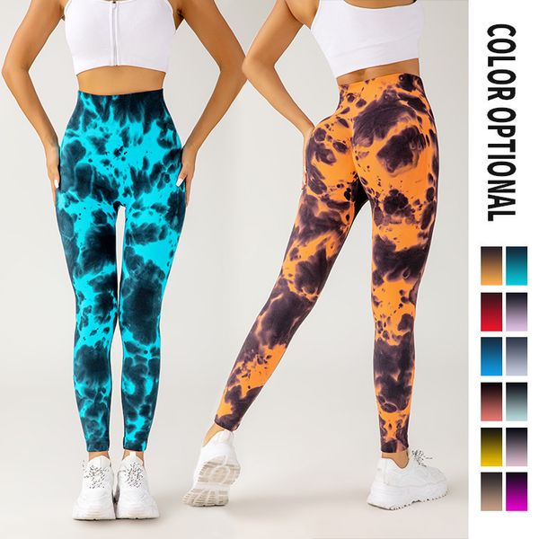 Breathable quick-dry high-waisted yoga pants with side cutouts and tie-dye design for outdoor fitness