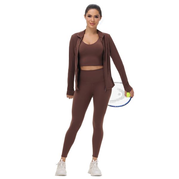 Breathable zip-up top, stretchy leggings, and a supportive bra for women's sports