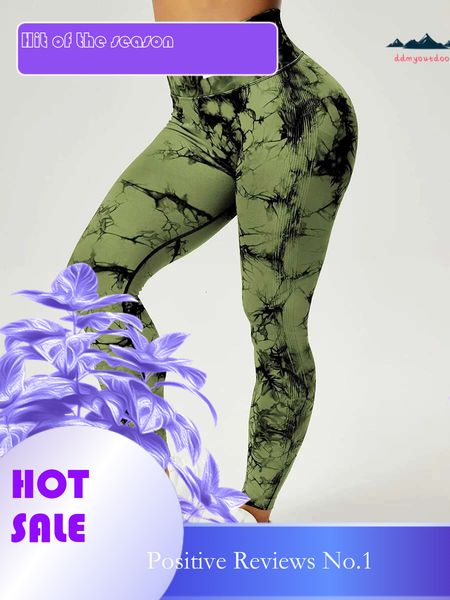 China-made seamless tie-dye gym pants with high waist for tummy control, push-up yoga tights featuring elastic spandex for women's sports leggings