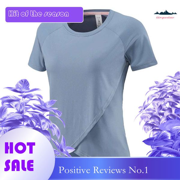 China's domestic women's yoga T-shirts feature an O-neck, sexy navel design, breathable fabric for workouts, cropped short sleeves, and solid colors ideal for jogging, home fitness, and running
