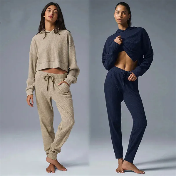 Corduroy Sports Yoga Two Piece Set Hooded Loose Fitness Sweatshirt Workout Hoodie Long Sleeve Pants Women Jogger Suit Gym Tracksuit