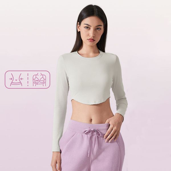 Cropped Shirt with Built-in Padded Cups, Sexy Yoga Top Featuring Curved Hem and Long Sleeves, Breathable Stretchy Fitness Wear