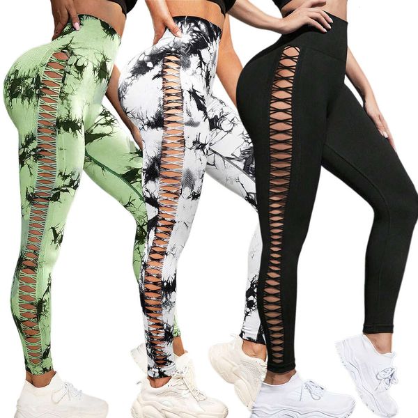 Cycling gym leggings featuring side cut-outs, tie-dye design, and a high-waisted slim fit for comfort