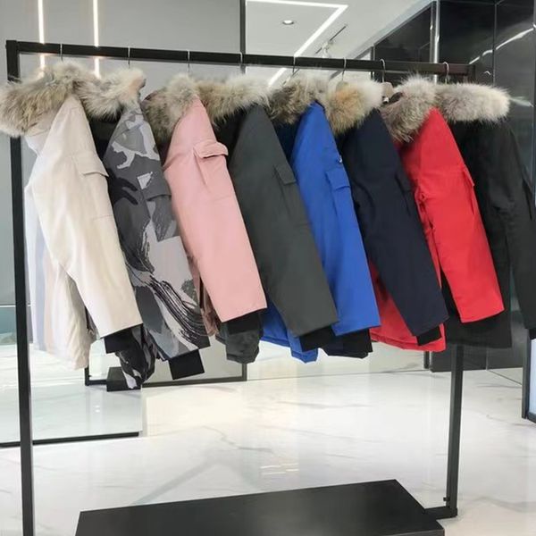 Designer men's winter puffer parka coats with long sleeves, windproof, hooded with real wolf fur, available in black and white