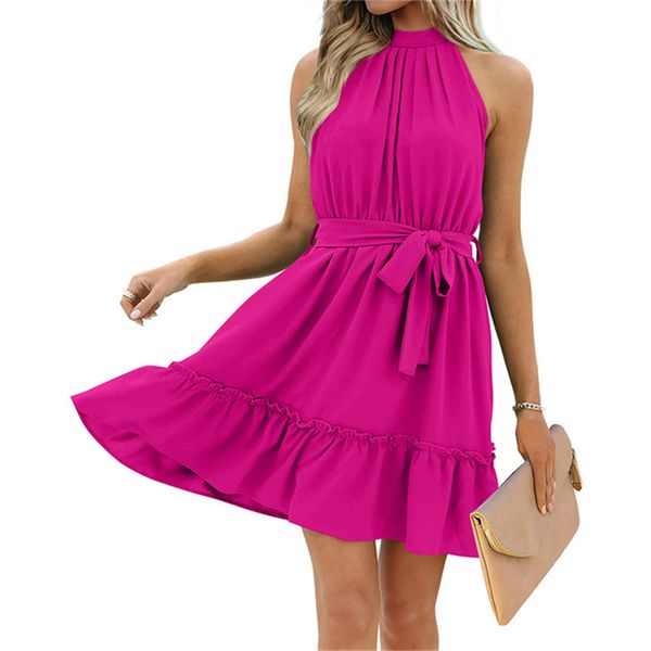 Elegant summer halter dress with lace-up waist and ruffled hem for parties