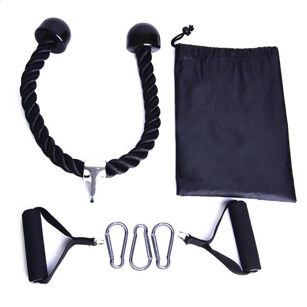Enhance your workout with this gym cable machine attachment set featuring triceps pull-down ropes, resistance bands, handles, and carabiners for versatile fitness training