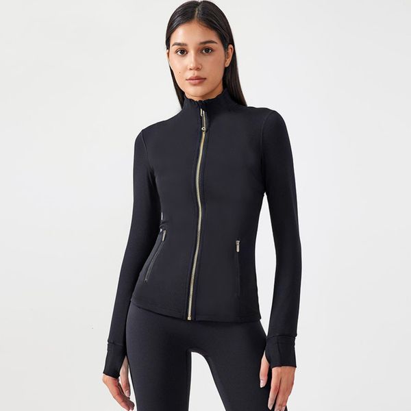 Gold Zipper Yoga Jacket with Stand Collar, Stretchy Long-Sleeve Top with Thumb Holes for Women's Fitness and Running