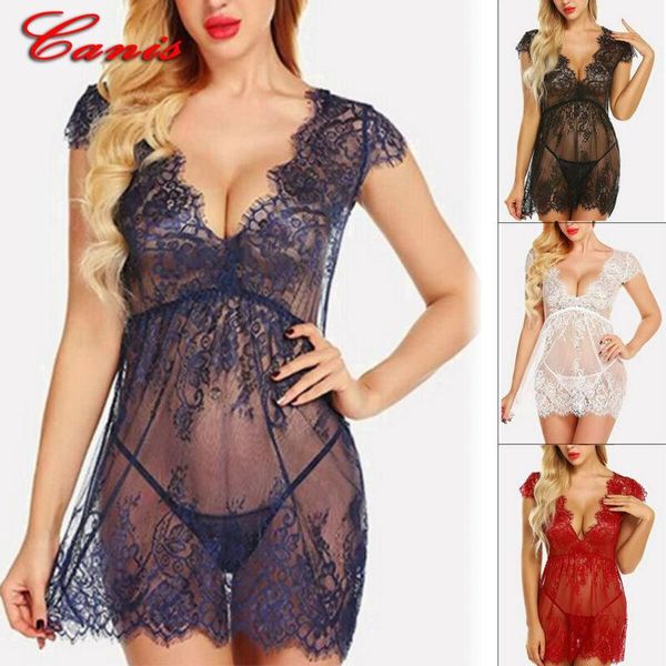 Gym Clothing US Women's Sexy Lace Lingerie Dress with G-string Sleepwear Set