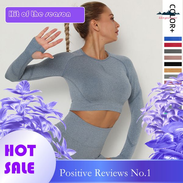High-elastic seamless yoga top for quick-drying workouts with pleated long sleeves