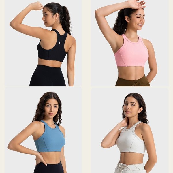 High-neck striped ribbed yoga bra for women, designed for athletic training and exercise