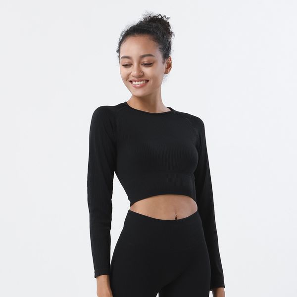 High-quality hot-selling seamless knitted women's fitness tops, snug quick-dry long-sleeve workout shirts with cropped midriff design