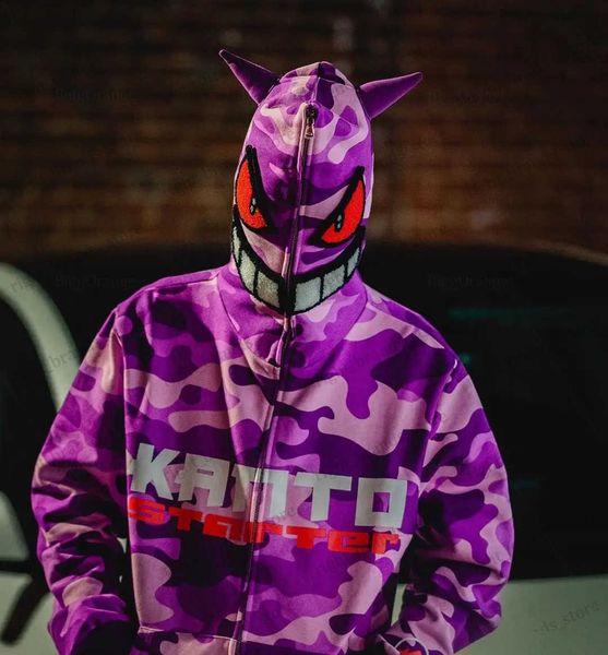 High-quality men's embroidered demon hoodies, vintage streetwear zip-up sweatshirts in goth style