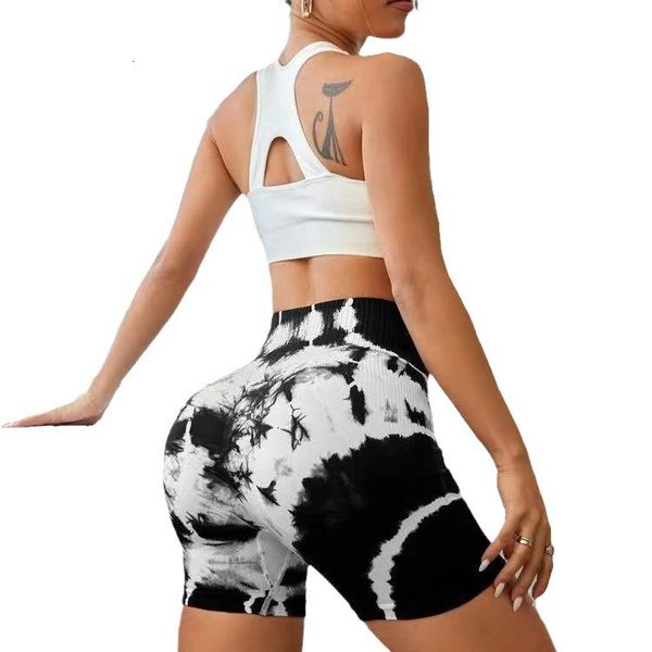 High-quality new tie-dye shorts, high-waisted yoga running pants, peach hip fitness leggings, three-piece set