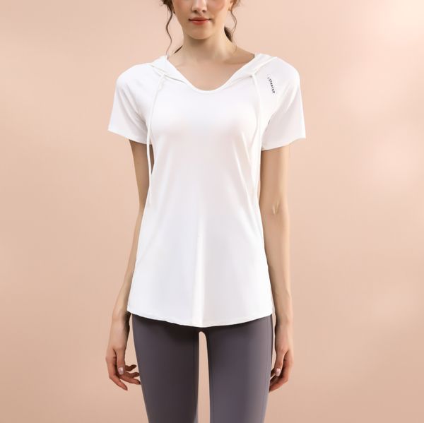 High-quality, popular loose-fit hooded sports top with short sleeves, mid-length yoga suit covering hips, quick-drying fabric