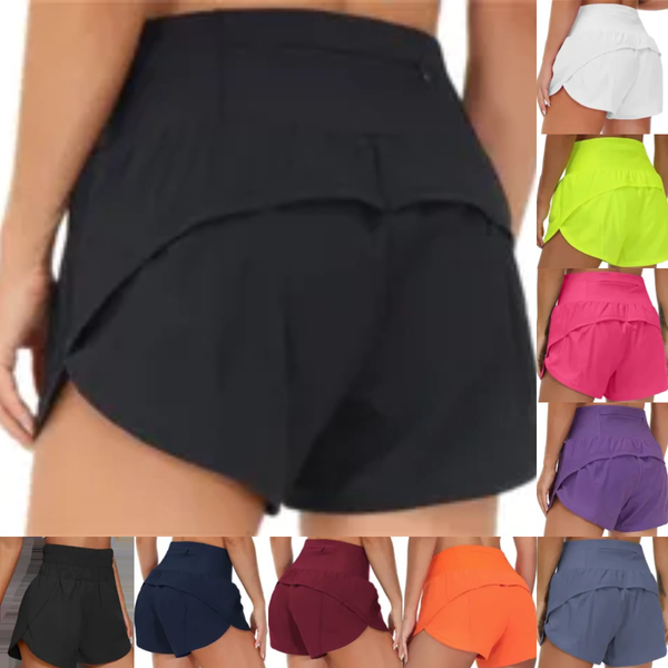 High-rise women's sports shorts with quick-dry lining, loose fit for running, yoga, and fitness, featuring a back zipper pocket