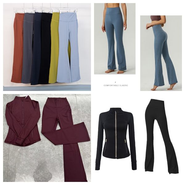High-waisted flared casual sports pants with quick-dry fabric, paired with a slim-fit long-sleeve elastic jacket