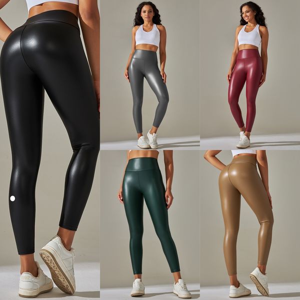 High-waisted PU leather yoga leggings for plus-size women, stretchy sports pants ideal for spring and autumn
