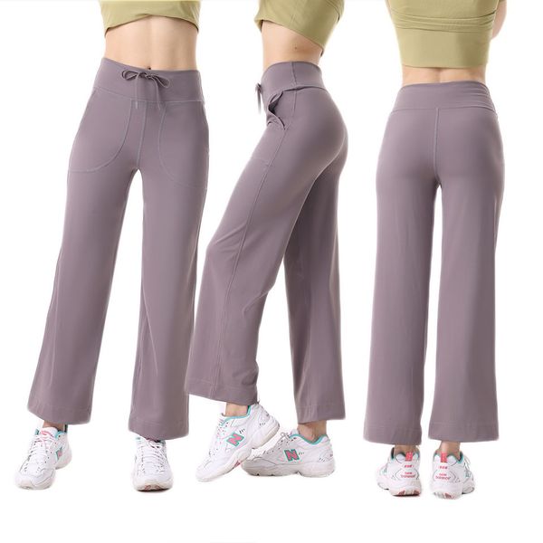 High-waisted straight-leg women's pants with drawstring, loose fit, slightly flared for yoga and fitness