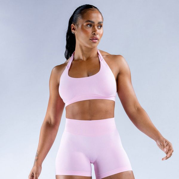 Impact Sport 2-Piece Seamless Yoga Set with Halter Bra Top and High-Waisted Scrunch Shorts for Summer Fitness and Gym Wear